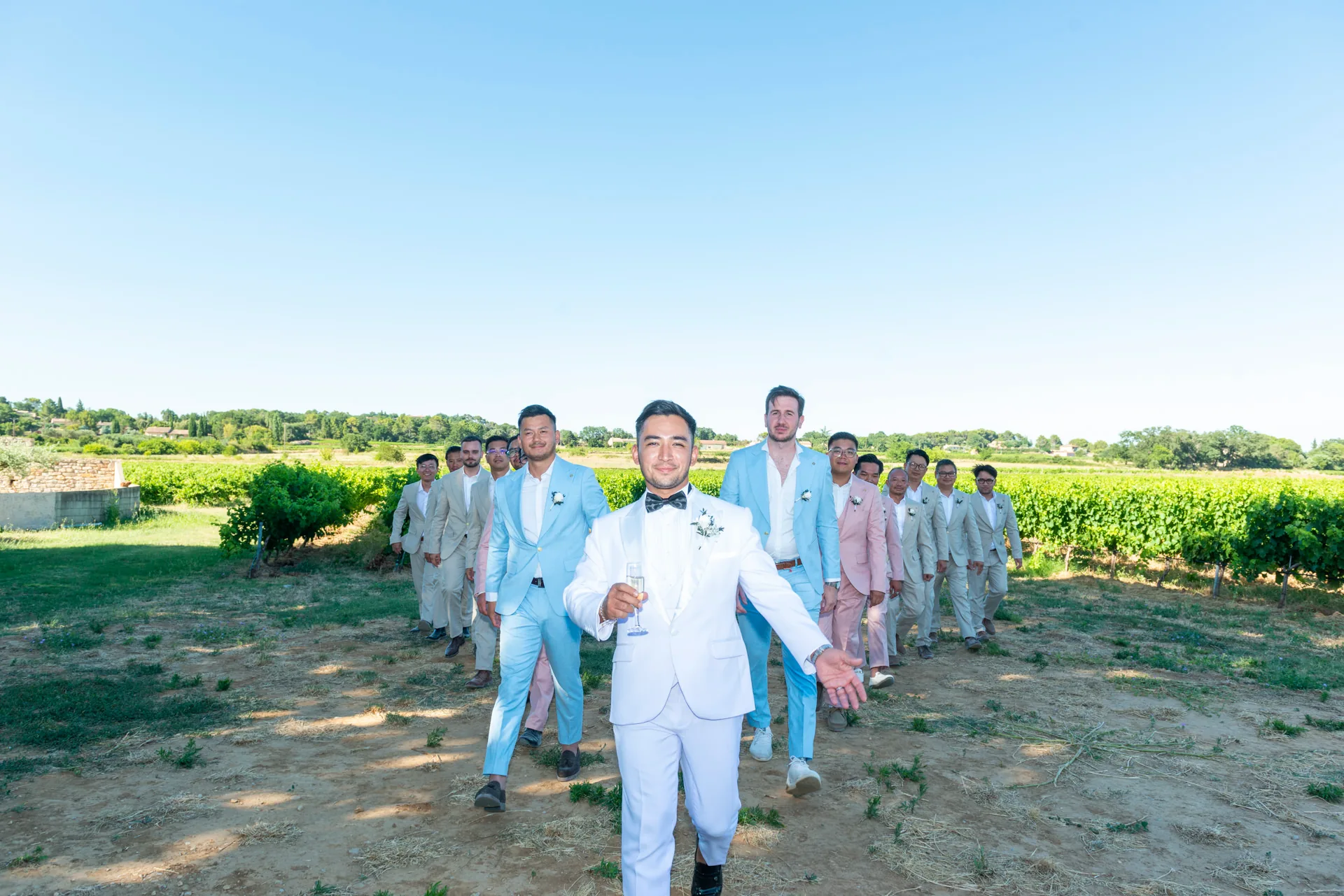 Le marié et les garçons d'honneur marchent dans le vignoble