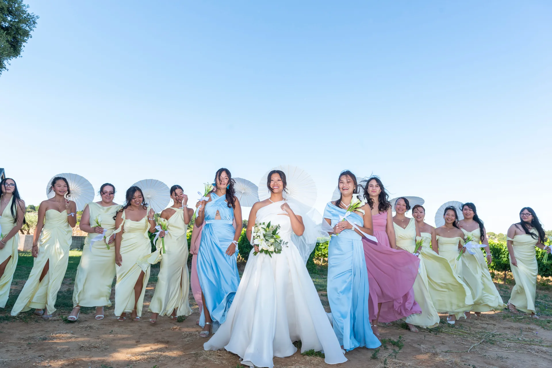 La mariée entourée de ses demoiselles d'honneur devant les vignes