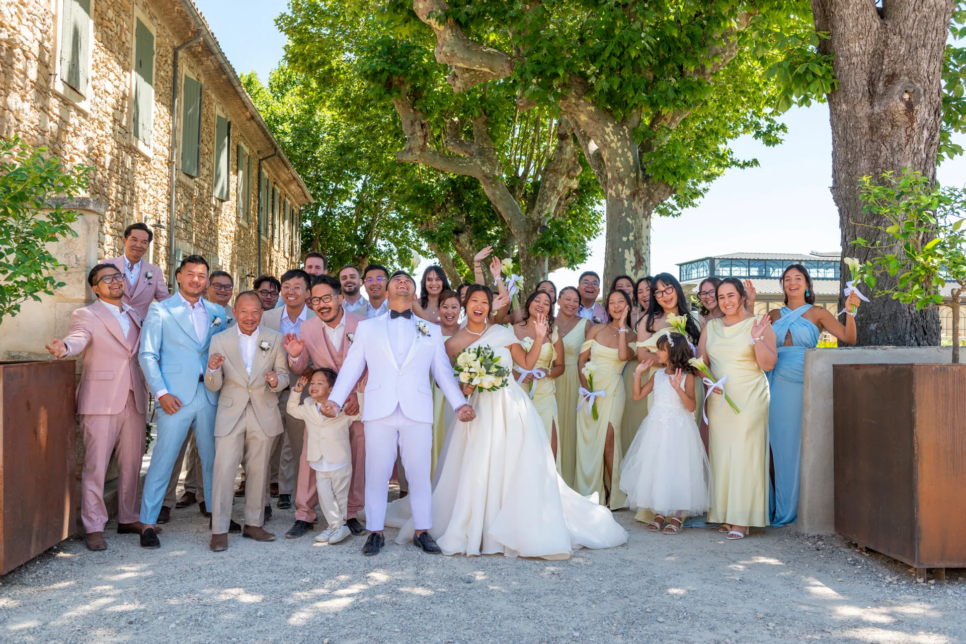 Les mariés entourés de tous leurs invités devant le domaine