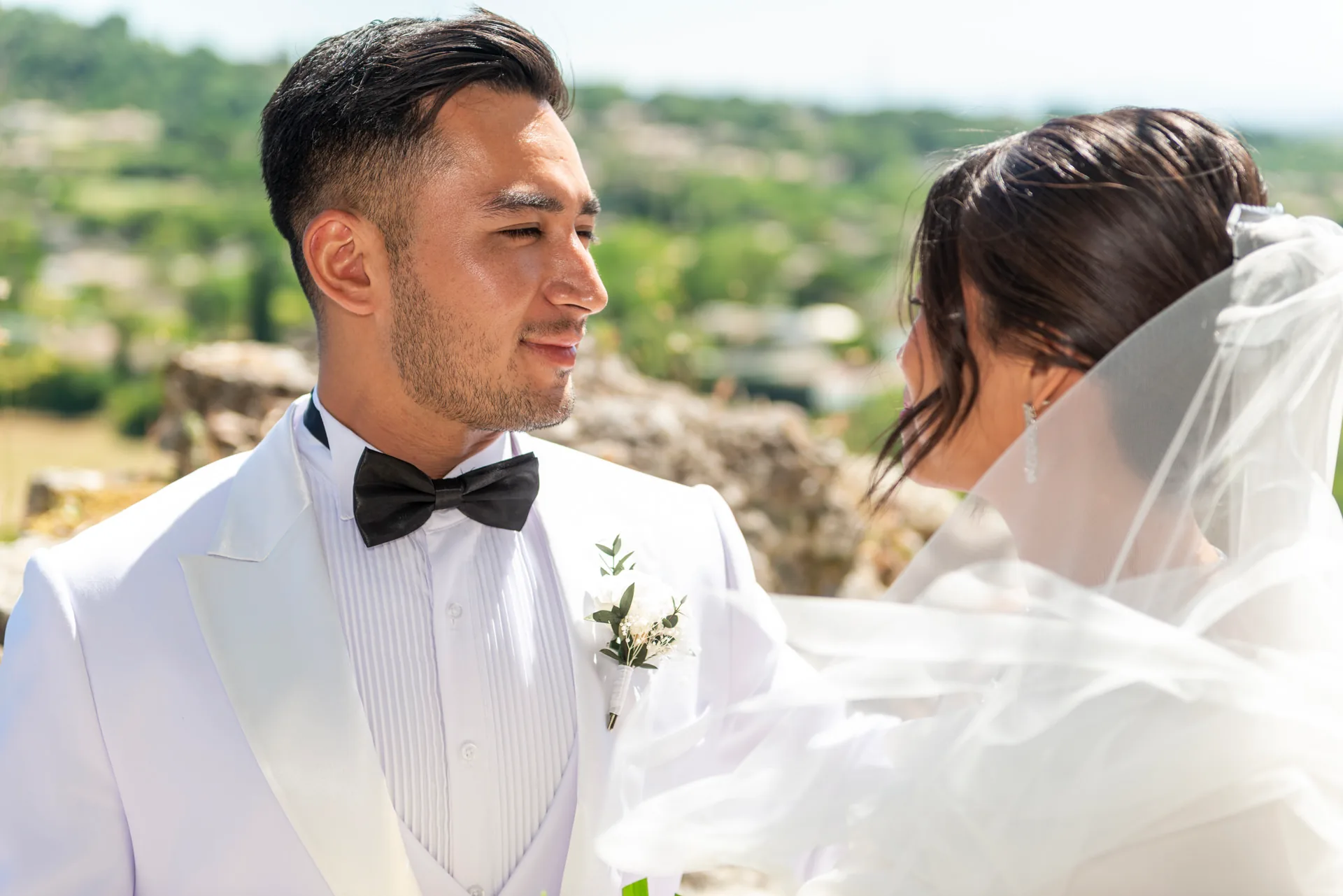 Portrait des mariés de profil avec un panorama de Provence en arrière-plan